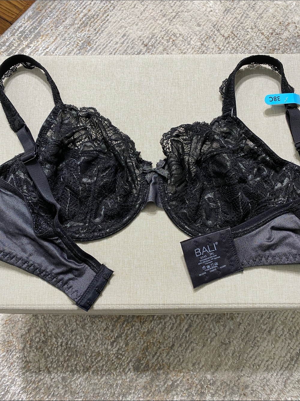 Bali Black Lace Underwire Bra with Sheer Floral Cups and Adjustable Straps